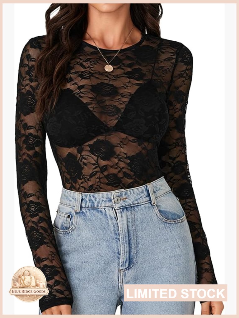 Women's Lace Long Sleeve Mesh Sheer See Through Undershirt Crew Neck Top